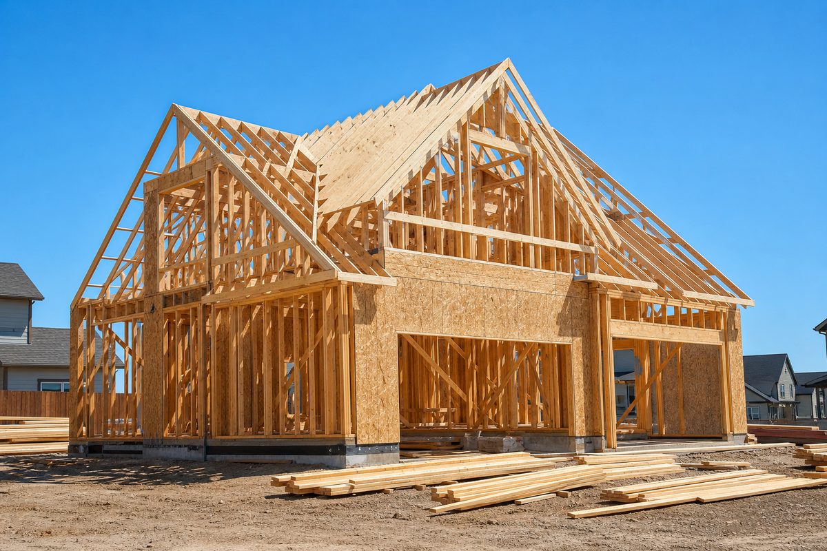 New residential home under construction with wood framing