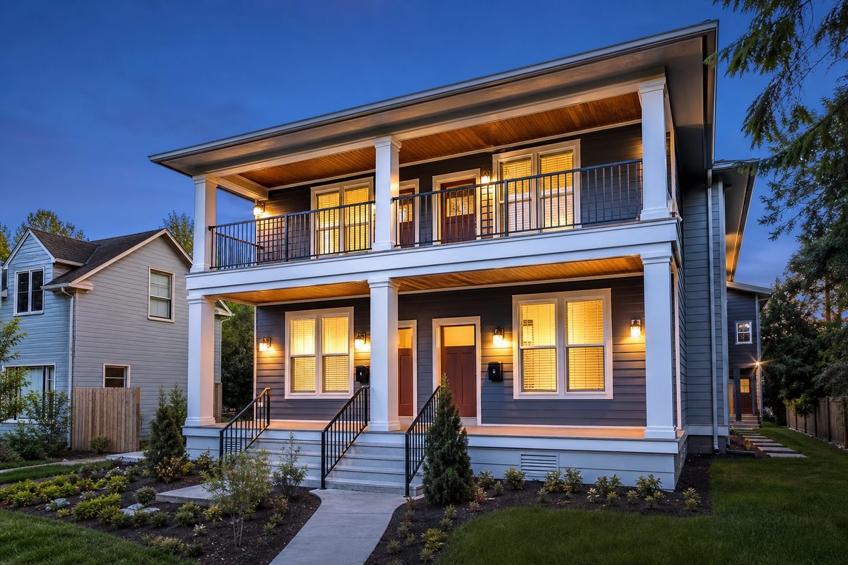 Attractive rental property at dusk with lit windows